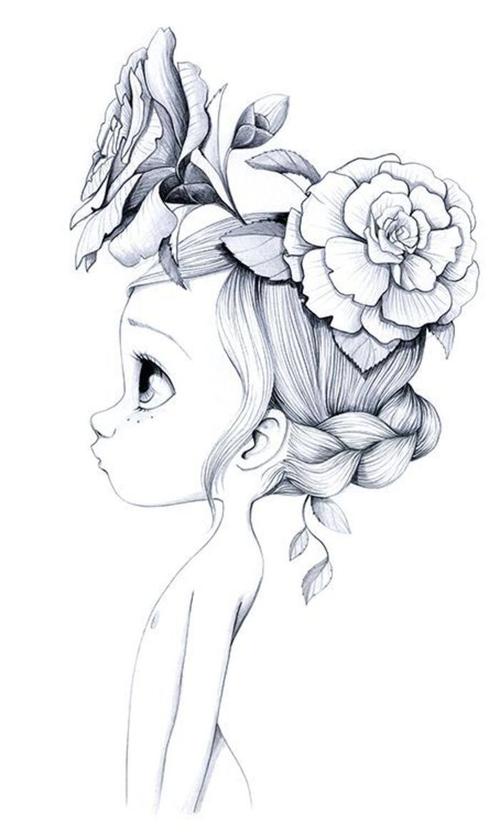 小女孩 开花 唯美 手绘创意 黑白