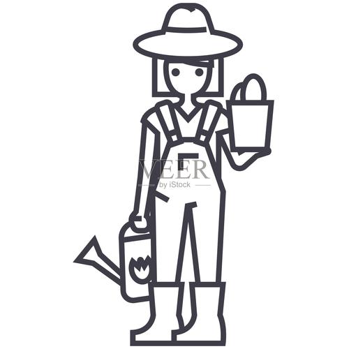 园丁女人与植物和浇水可以向量线图标标志插图的背景可编辑的笔触插画