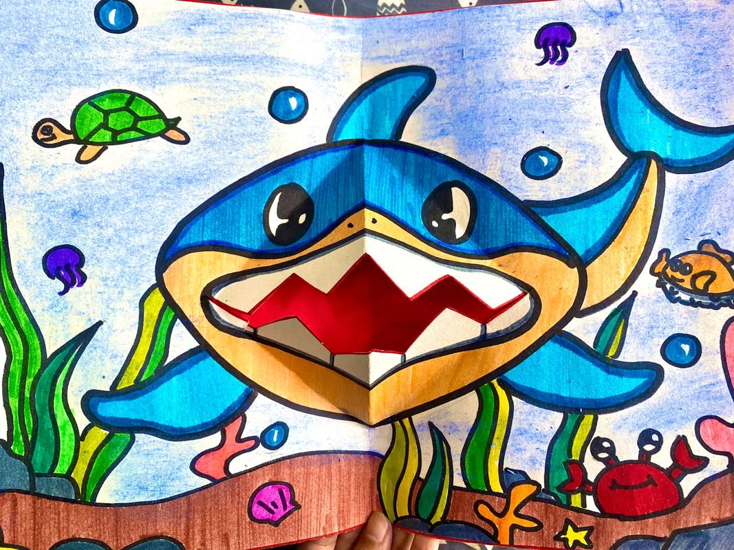 儿童画 油画棒 水彩《大鲨鱼》#画画 #创意美术 #油画棒  - 抖音