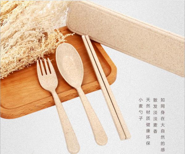 小麦秸秆餐具套装 环保无毒筷勺叉三件套 便携餐具旅行套装