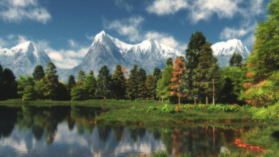 mountains,lake,reflection,clouds,3d,壁纸,高清壁纸自然,风景,植物