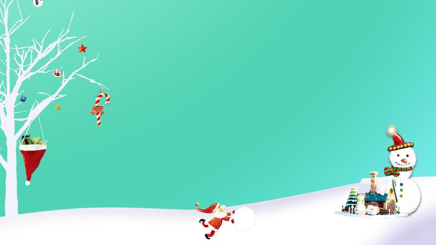 雪人,雪屋,雪树上挂满了圣诞礼物,雪地绿色高清圣诞节背景图片