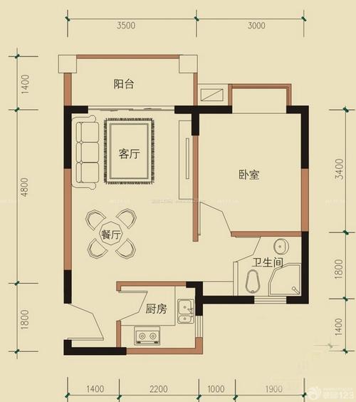 东营中式风格56平米设计方案 56平方一室一厅户型图 _装信通网