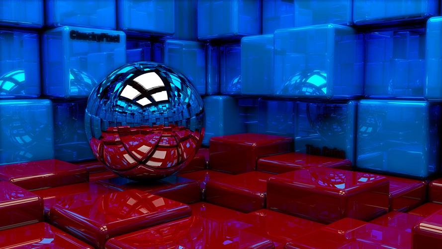 壁纸 3d设计,蓝色和红色立方体,球