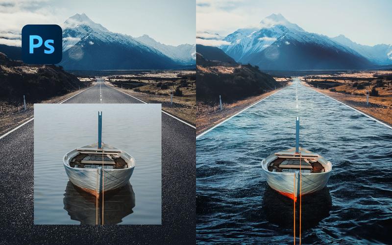 ps合成技巧在高速公路上划船的秘笈巧妙融合马路与水面photoshop视觉