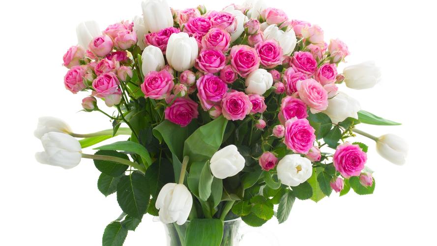 花瓶,花,粉红色的玫瑰,白色郁金香 壁纸 - 2560x1440