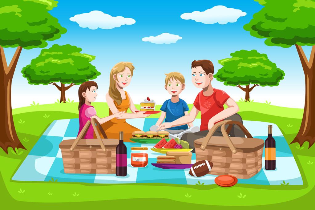 幸福的家庭野餐,一个幸福的家庭,在公园里野餐矢量插画