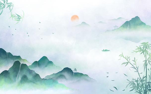 古风山水插画手绘竹子背景绿色风景背景写意山水画中式墨竹古风古风