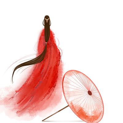 红色手绘人物背影古代女子冬季下雪打伞女子png素材元素国风古风古代