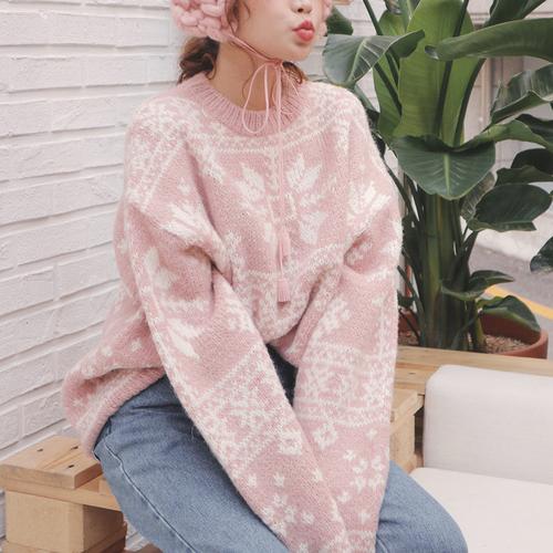new 2017韩国新款圣诞雪花图案圆领套头宽松毛衣针织衫女 3色