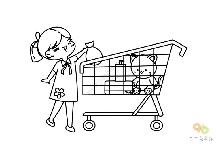 小女孩逛超市场景简笔画把心仪的商品放入购物车
