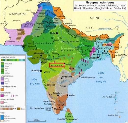 现代印度地区各民族分布示意图(草绿色为马拉塔人聚居区):如今主要