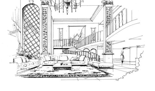室内设计手绘快题环艺工装家装客餐厅线稿临摹效果图学习参考素材