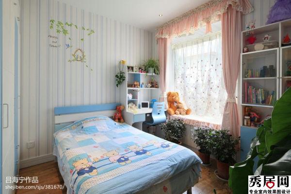 天蓝色竖条壁纸墙面造型设计图 简约式儿童房不摆放床头柜装修效果图