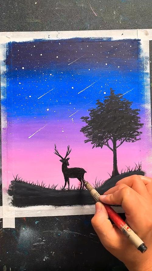油画棒教你画星空下的麋鹿,步骤简单易学.