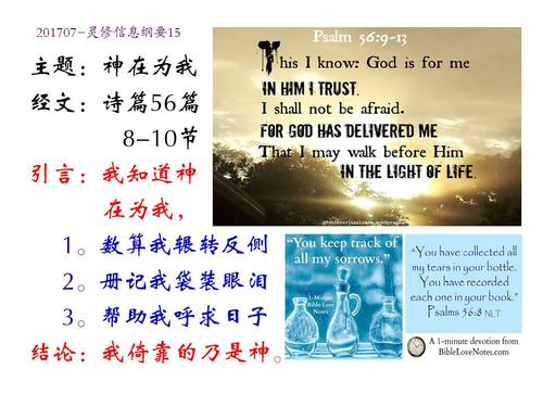 主题:神在为我  经文:诗篇56篇8-10节  引言:我知道神在为我,    1..