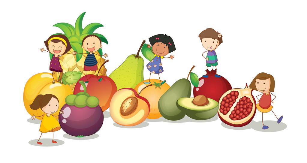 孩子们和水果,孩子们和水果在白色背景上的插图