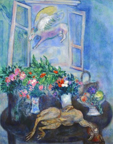 夏加尔油画鲜花与母鸡现代超现实chagall手绘临摹玄关花卉装饰画