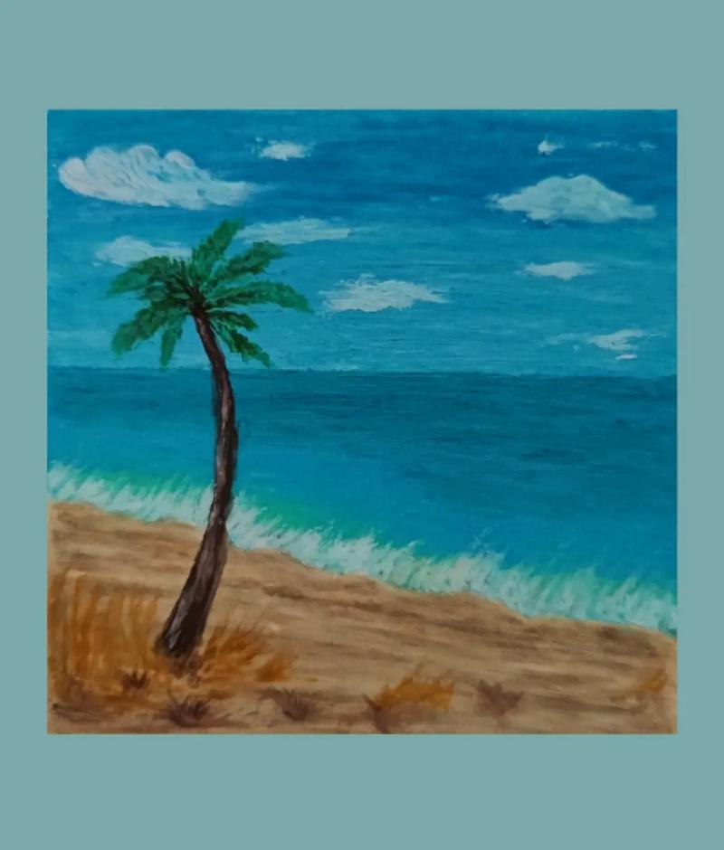 海边的椰树#油画棒 #油画棒风景画教学  - 抖音