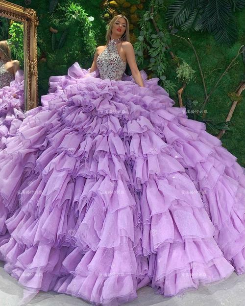 冬季新款紫色摄影婚纱外景拖尾压皱蛋糕裙艺礼服