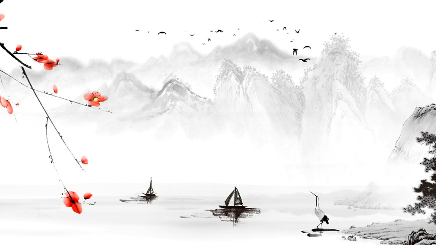 水墨画风清澈河面上飘过两艘小船岸边白鹤正在戏水古风视频-92素材网