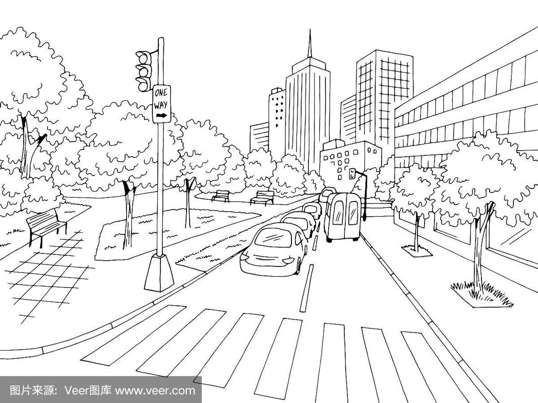 街道道路图形黑白城市景观素描插图矢量