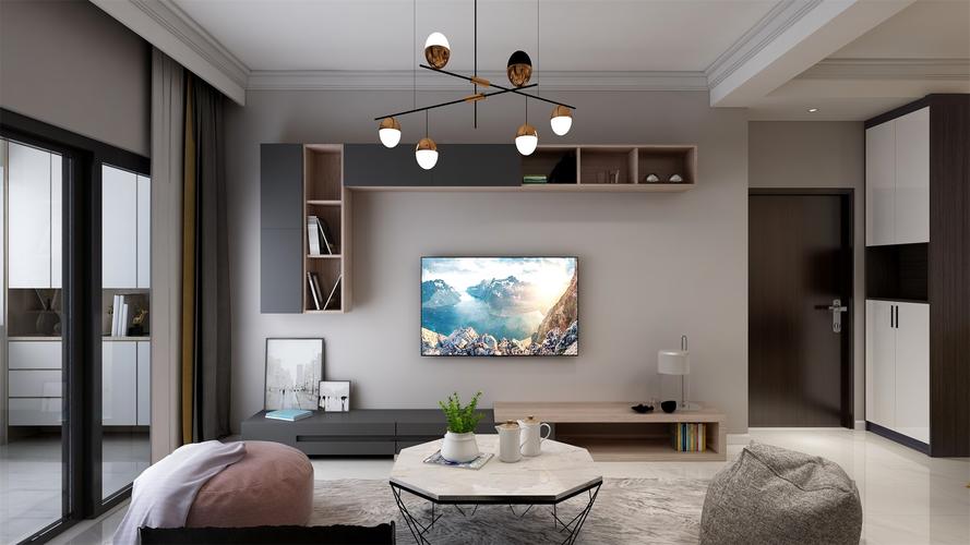 电视机背景墙设计简约优雅,,错落点缀收纳柜,使得空间简单却也不至于