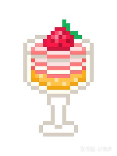 分层草莓甜点在碗像素艺术插图隔离在白色背景. 婚礼/生日聚会请客.