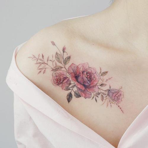 港风复古红色玫瑰性感锁骨纹身贴大图花朵遮疤痕防水女持久刺青