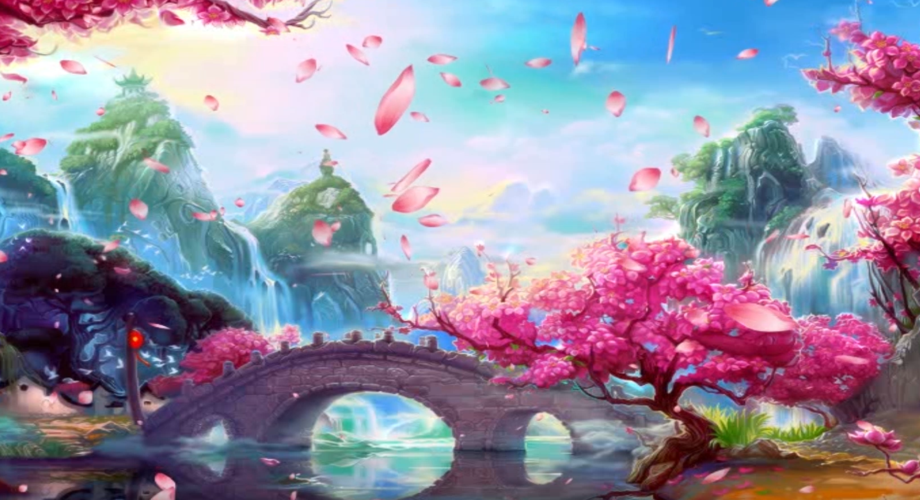 明亮鲜活的桃花凋零小桥流水古风视频背景素材