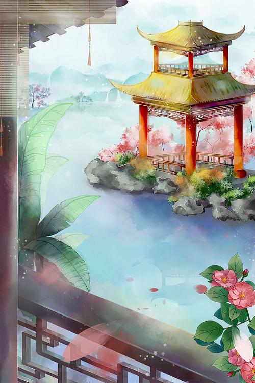 ps古典建筑场景中国风庭院游戏背景水彩插画海报设计