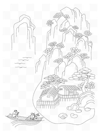 手绘中国风江南山水风景背景图简笔画线条