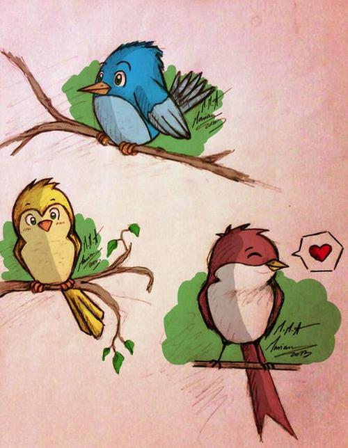 可爱的小鸟树上的小鸟儿童画作品欣赏