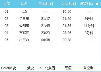 高铁g4706次武汉回北京19:50开几点到北京