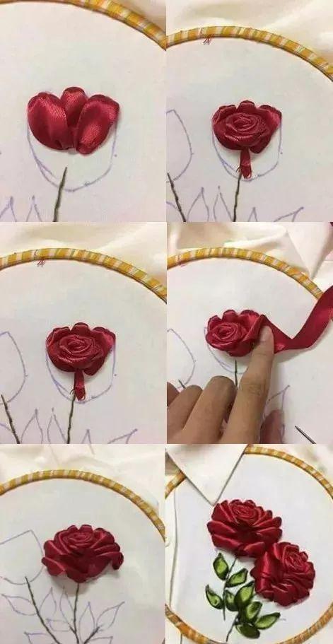 教程一根丝带就能绣玫瑰以后衣服和包包上就这样绣吧