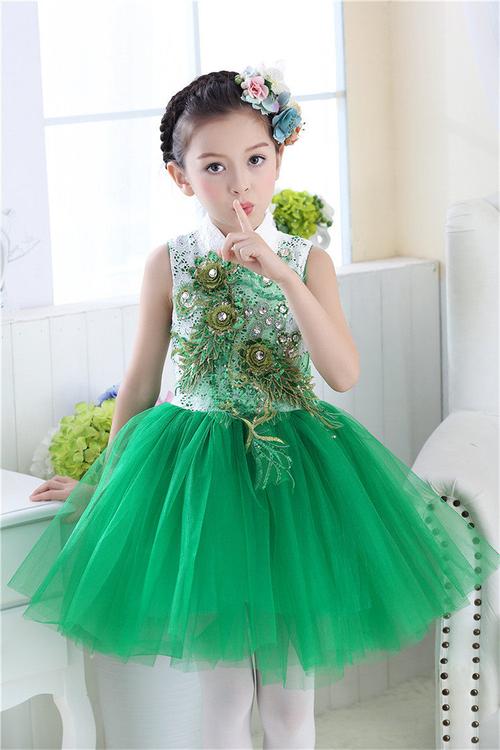 六一儿童节表演服蓬蓬裙幼儿园绿色女孩公主纱裙女童舞蹈演出服装