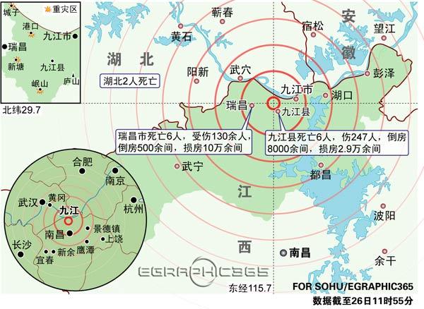 江西九江地震及波及地区示意图