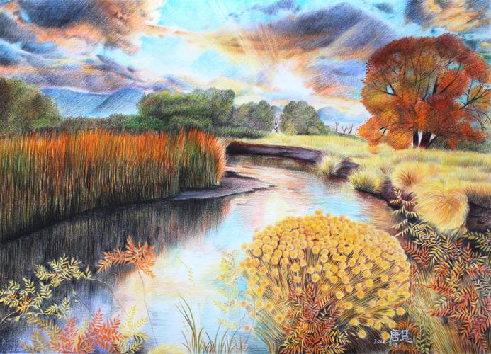 彩铅--秋天的河流,作者:唐慧 秋风吹来,带来喜悦的丰收,绚烂的色彩