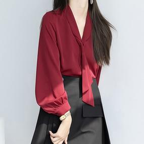 法式复古酒红色衬衫女士春秋季设计感小众气质百搭雪纺v领带衬衣