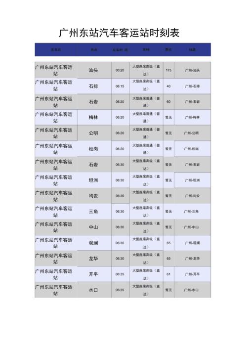 广州东站汽车客运站时刻表