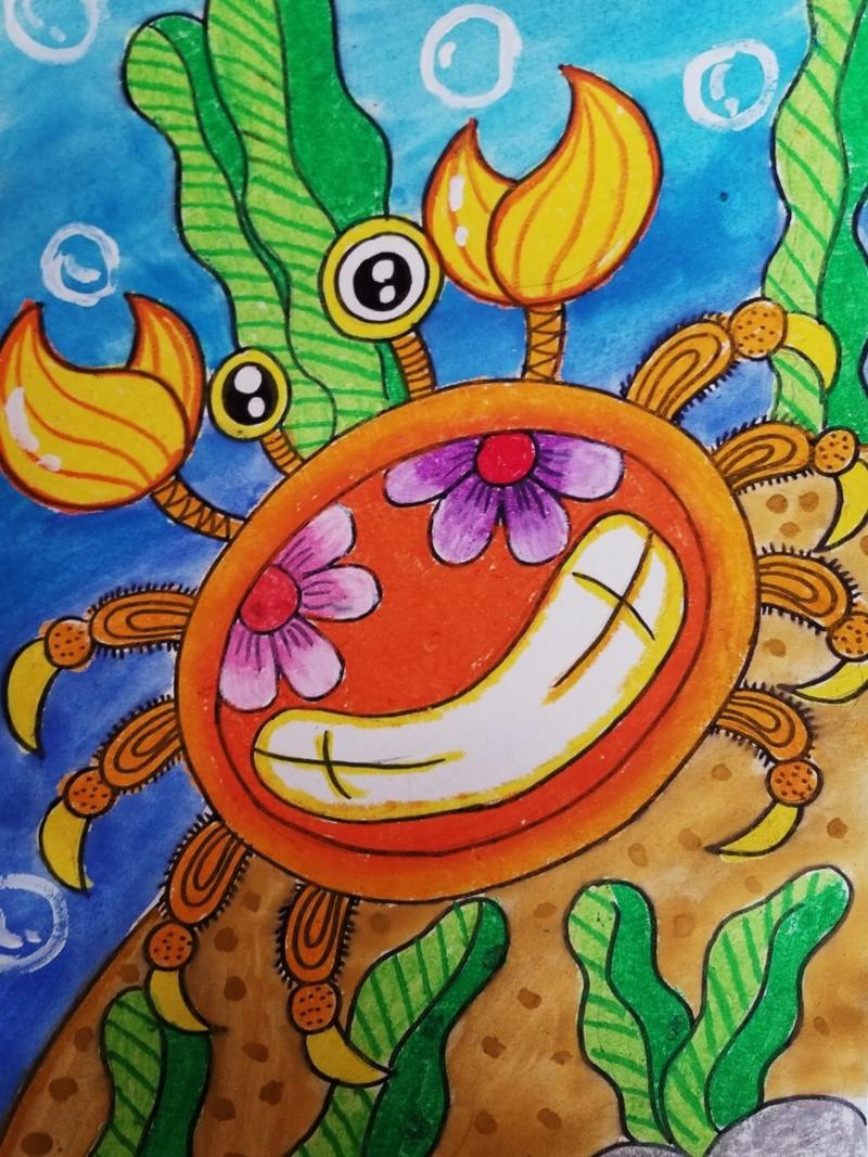 创意美术花螃蟹 儿童画#油画棒#螃蟹#水粉#创意美术 #儿童画