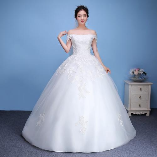 2020春季新款韩式齐地蕾丝花简约修身显瘦红薇新娘一字肩婚纱礼服