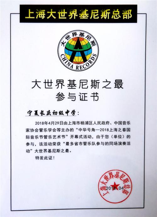上海大世界吉尼斯总部为我校管乐团颁发的证书▲比赛结束后,满怀