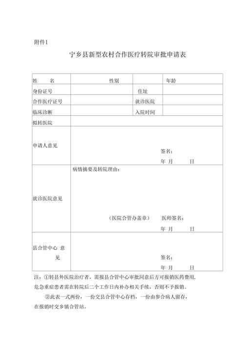 宁乡县新型农村合作医疗转院审批申请表