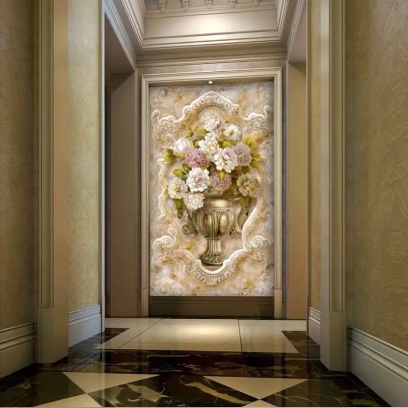 欧式简欧3d立体玄关壁画花卉花瓶客厅背景墙过道壁纸竖版墙纸布 - 抖
