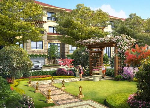 欧式风格院子庭院景观设计效果图 草地青草家具凳子茶几 简约花园