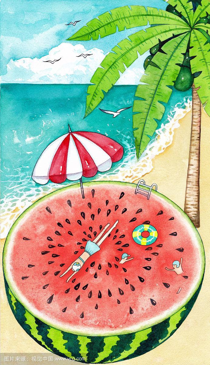夏天海滩西瓜游泳创意水彩画
