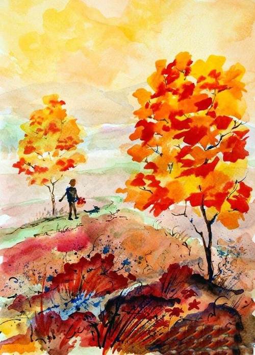 秋天的风景画儿童水彩画秋天的景色儿童画水彩颜料