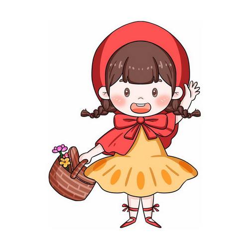 提着篮子挥手打招呼的小红帽卡通小女孩童话人物插画9754753图片免抠