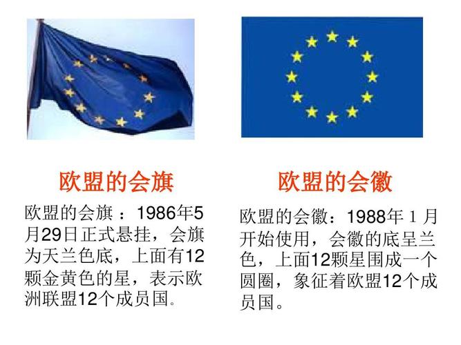 ppt课件2 欧盟的会旗 欧盟的会旗 :1986年5 月29日正式悬挂,会旗 为天